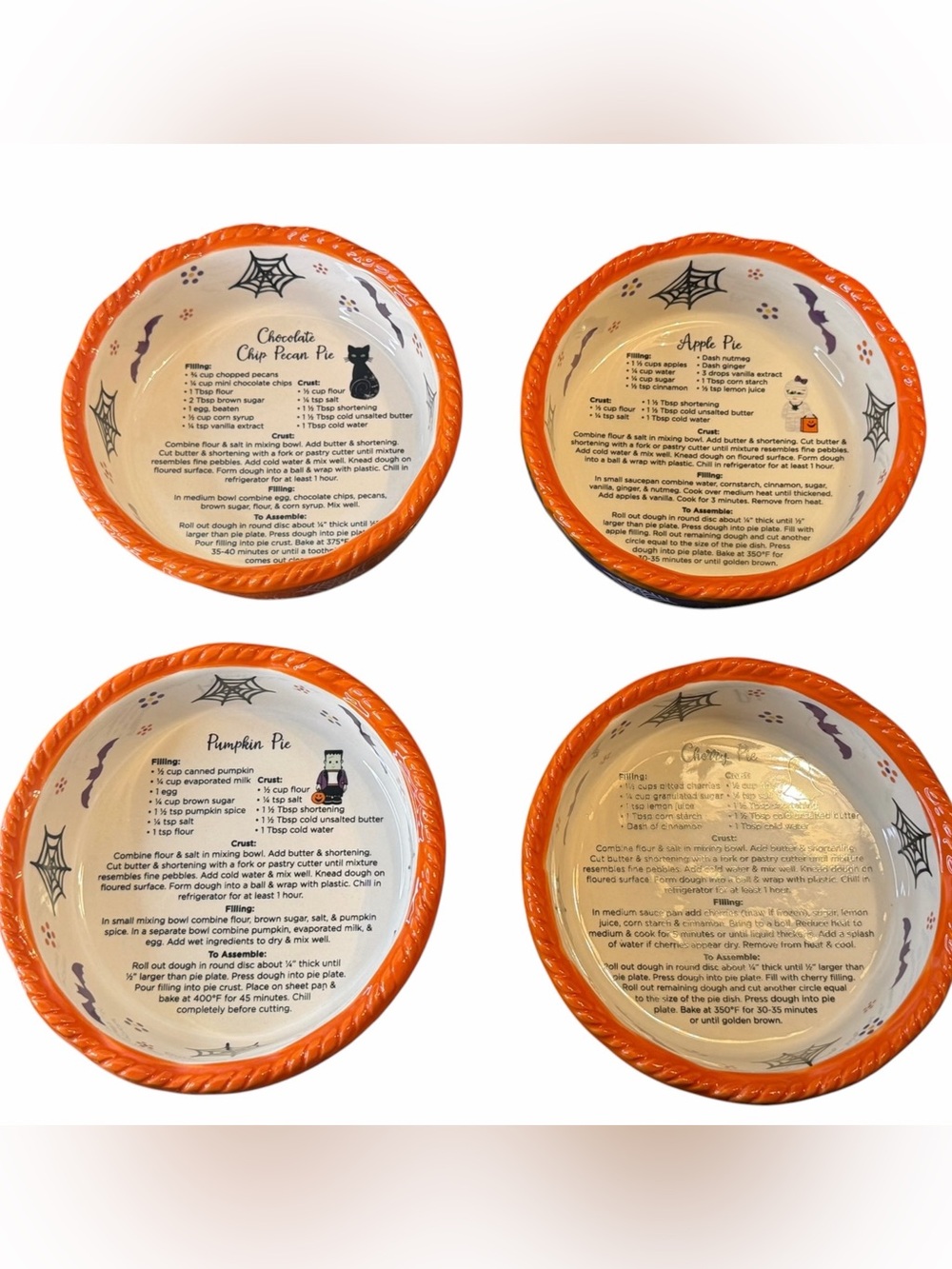 Temp-tations Halloween Pie Dish Set of 4 Recipes Bats Spiderwebs 12 Oz